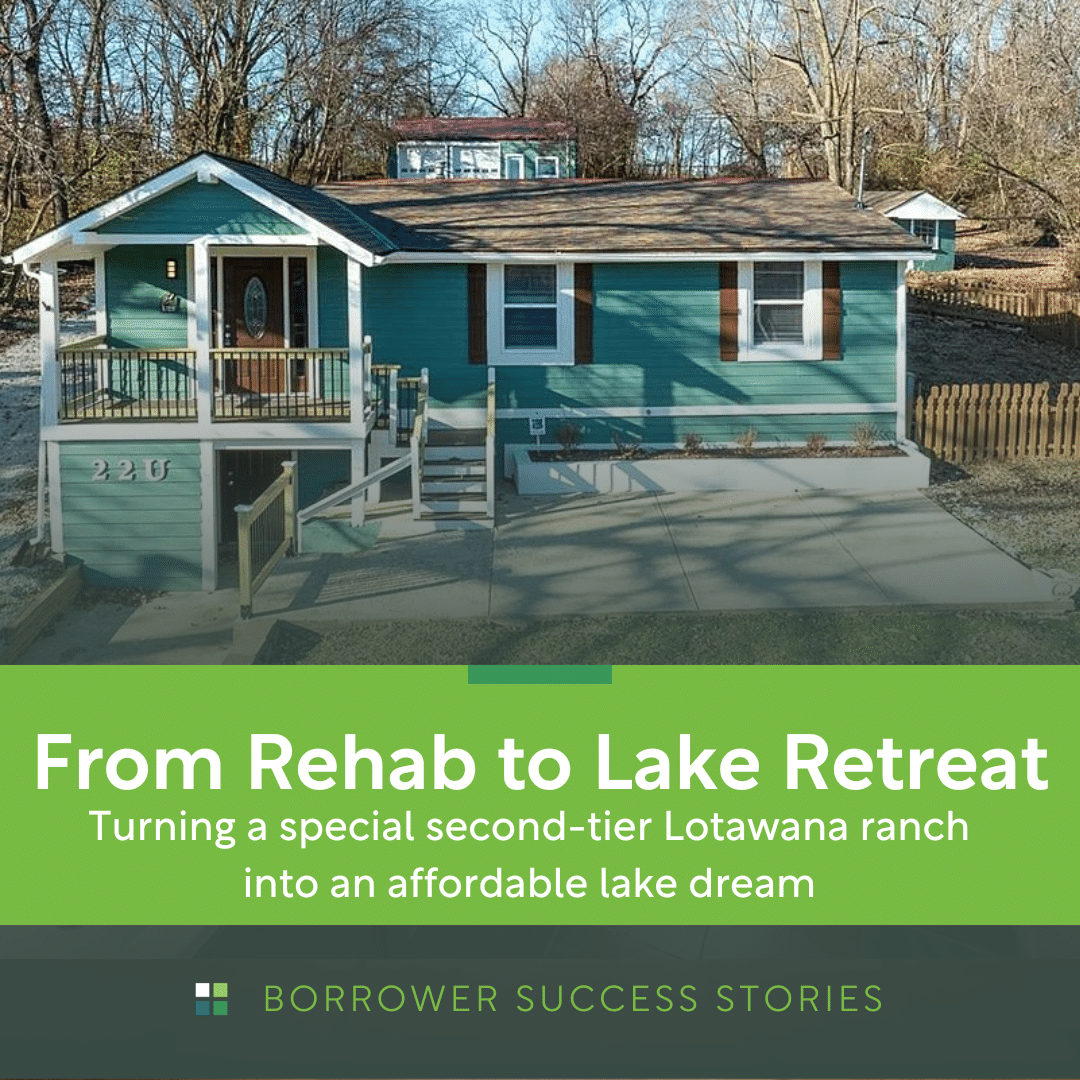 Picture of the front of a lake cottage at Lotawana painted Magnolia green and recently rehabbed by a North Oak investor