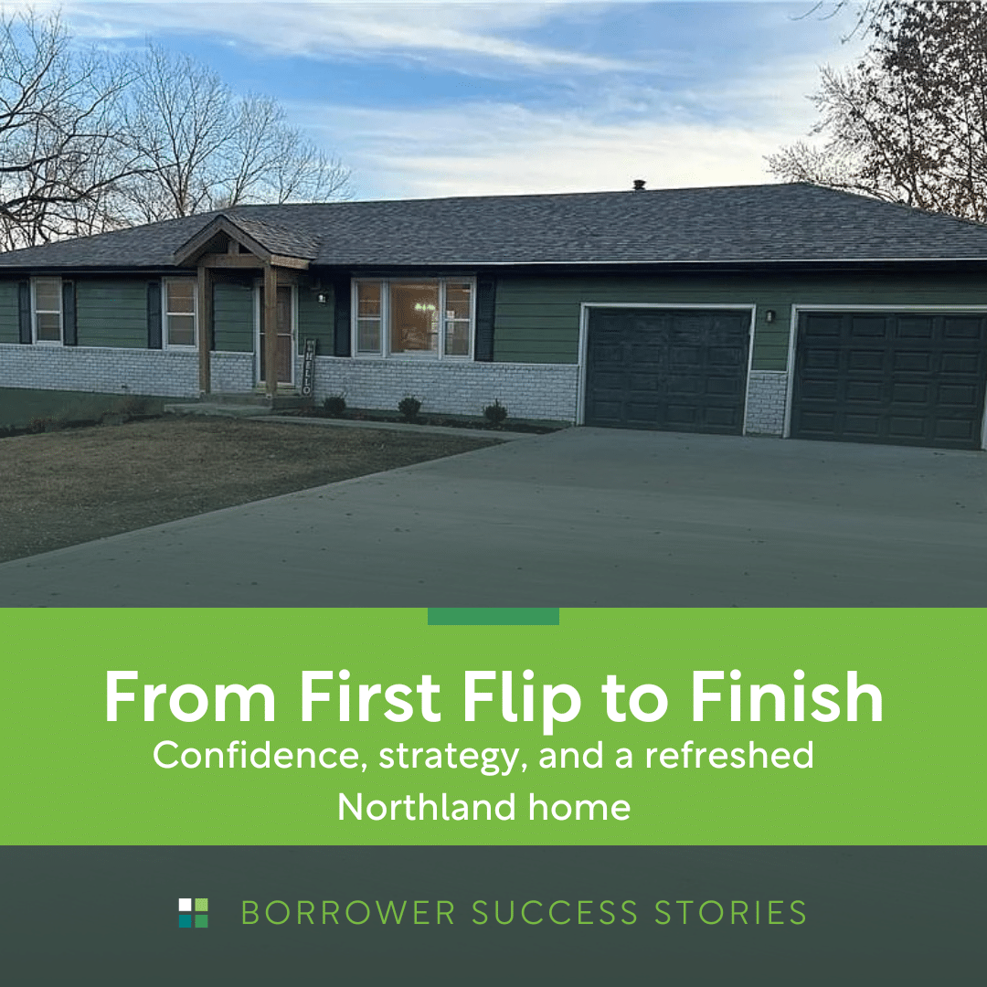 Exterior of Northland home after being rehabbed and painted Magnolia green with new driveway and front porch, funded by North Oak Investment private lending in Kansas City Northland neighborhood